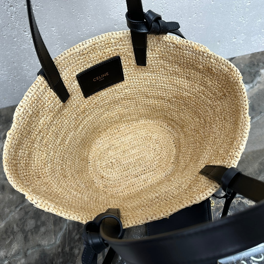 CELINE 25S TEEN BAG 22 IN NATURAL MIX BLACK RAFFIA CALFSKIN SHOULDER STRAP