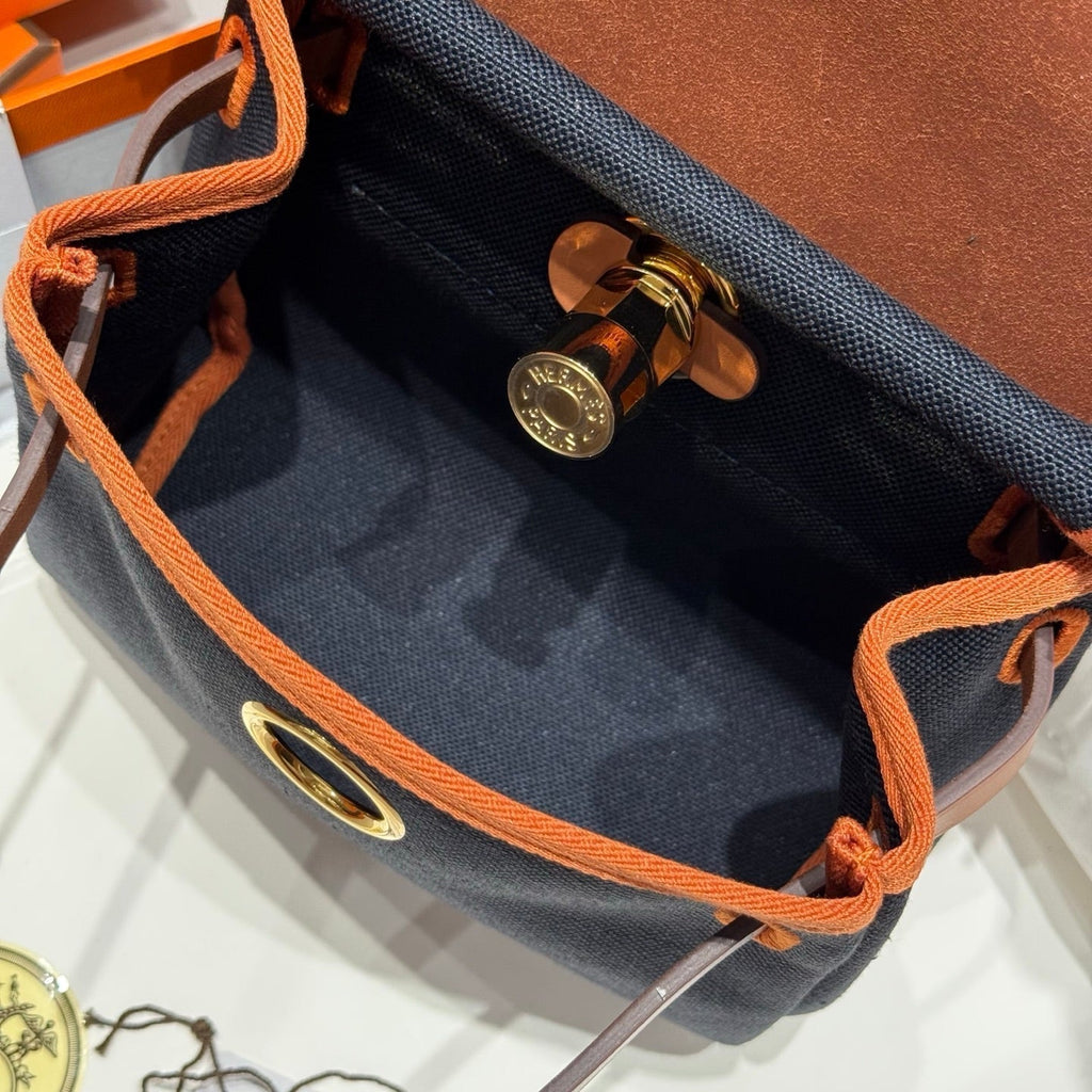 HERMES 25S MINI HERBAG 20 IN NAVY BLUE CANVAS GOLD HARDWARE