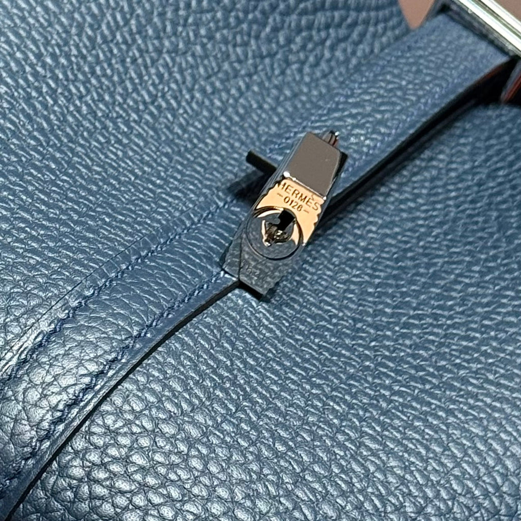 HERMES 25S PICOTIN LOCK 18 IN NAVY BLUE CALFSKIN SILVER HARDWARE