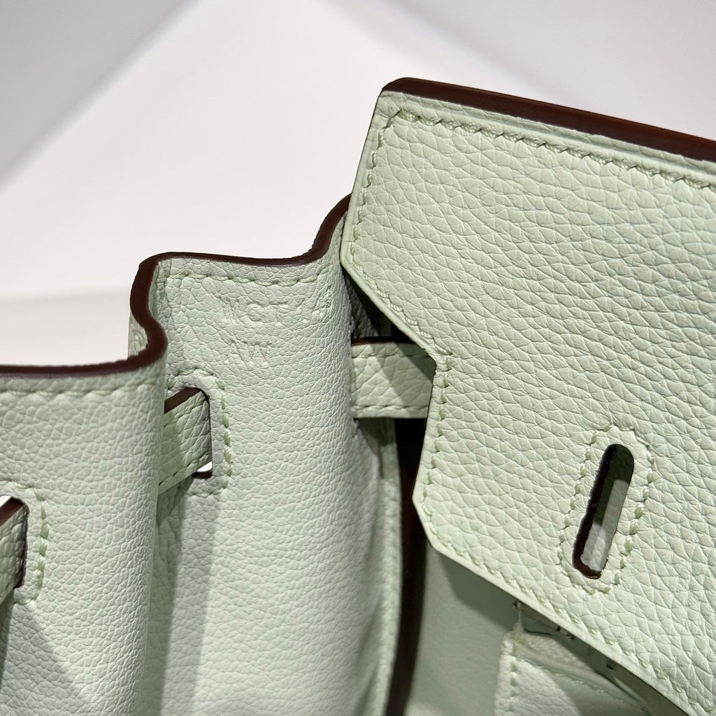 HERMES 25S MEDIUM BIRKIN 25 IN LIGHT MINT GREEN CALFSKIN SILVER HARDWARE