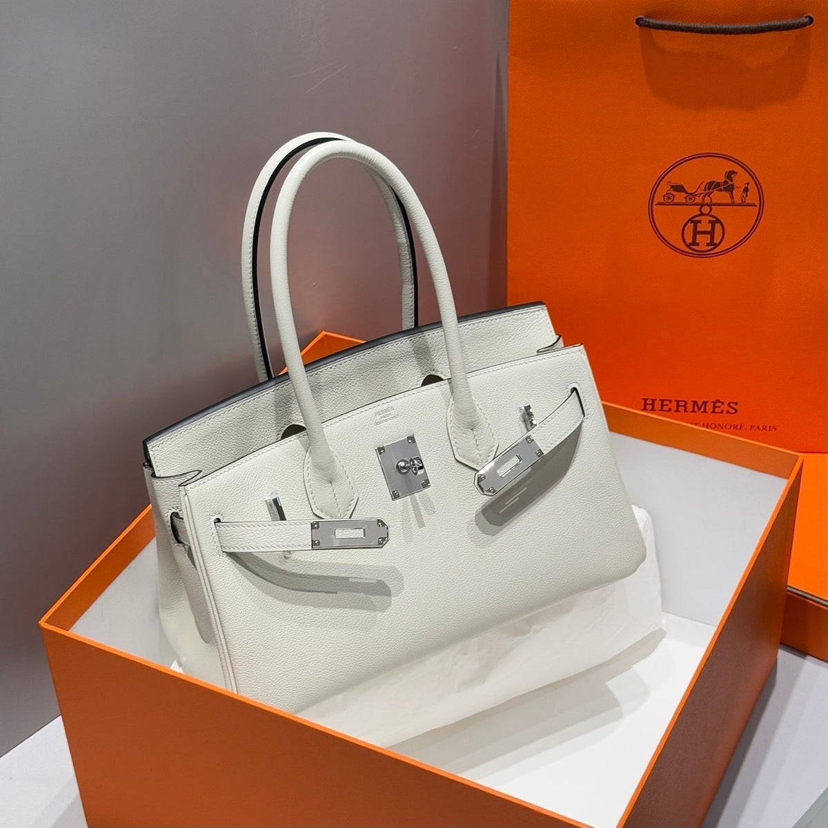 HERMES 25S SHOULDER BIRKIN 29 IN MILKY WHITE CALFSKIN SILVER HARDWARE