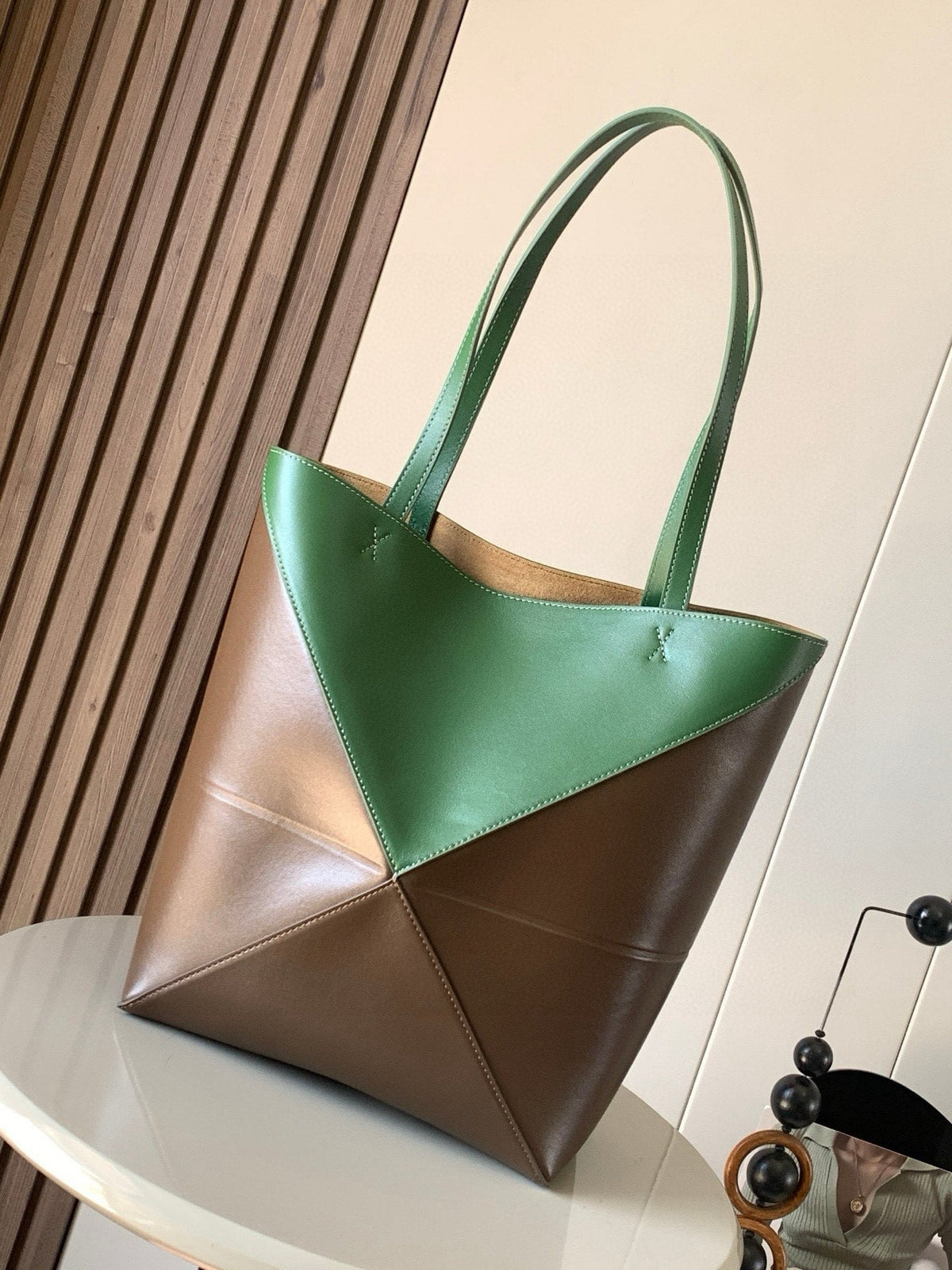 LOEWE 25S PUZZLE FOLD BAG 31 IN AMBER HUNTER GREEN SHINY CALFSKIN