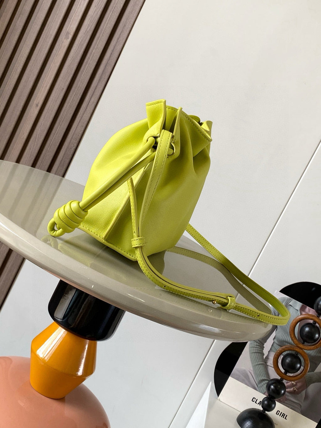 LOEWE 25S MEDIUM FLAMENCO CLUTCH BAG 23 IN LIME GOLD CALFSKIN