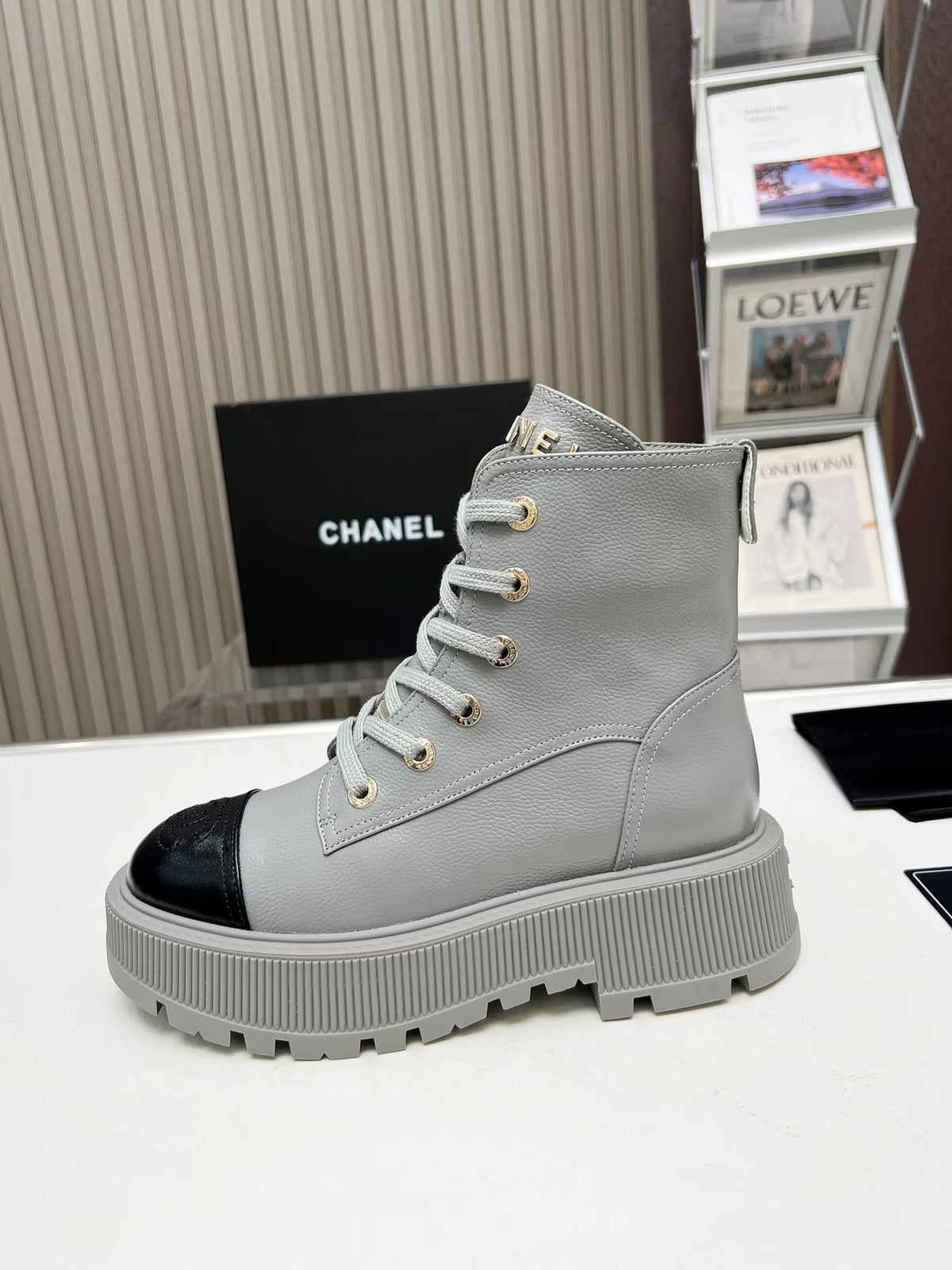 CHANEL SHORT BOOTS IN SLATE GREY MIX BLACK COWHIDE