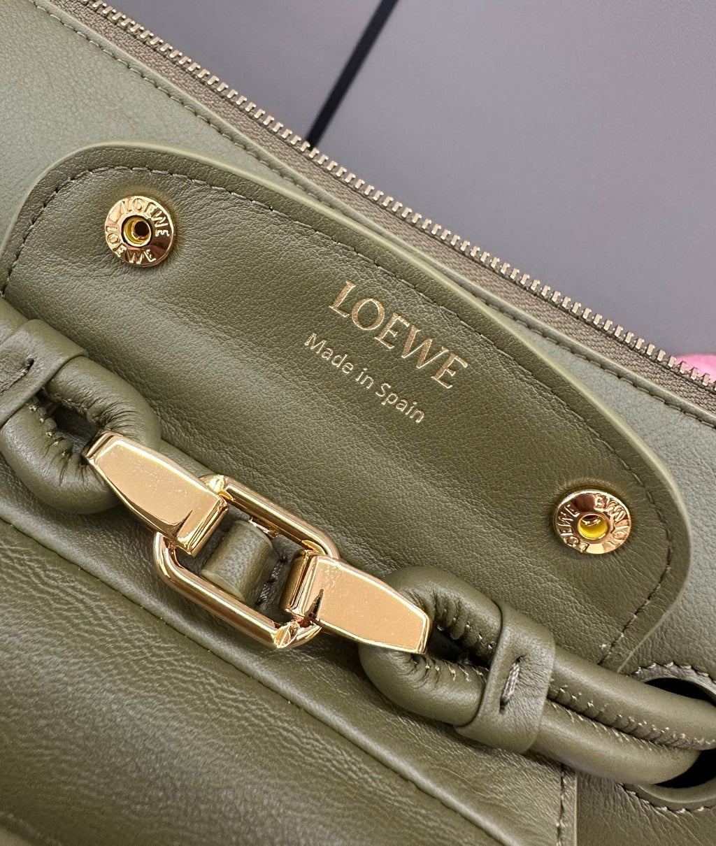 LOEWE 25S MADRID BAG 28 IN OLIVE GREEN CALFSKIN GOLD HARDWARE