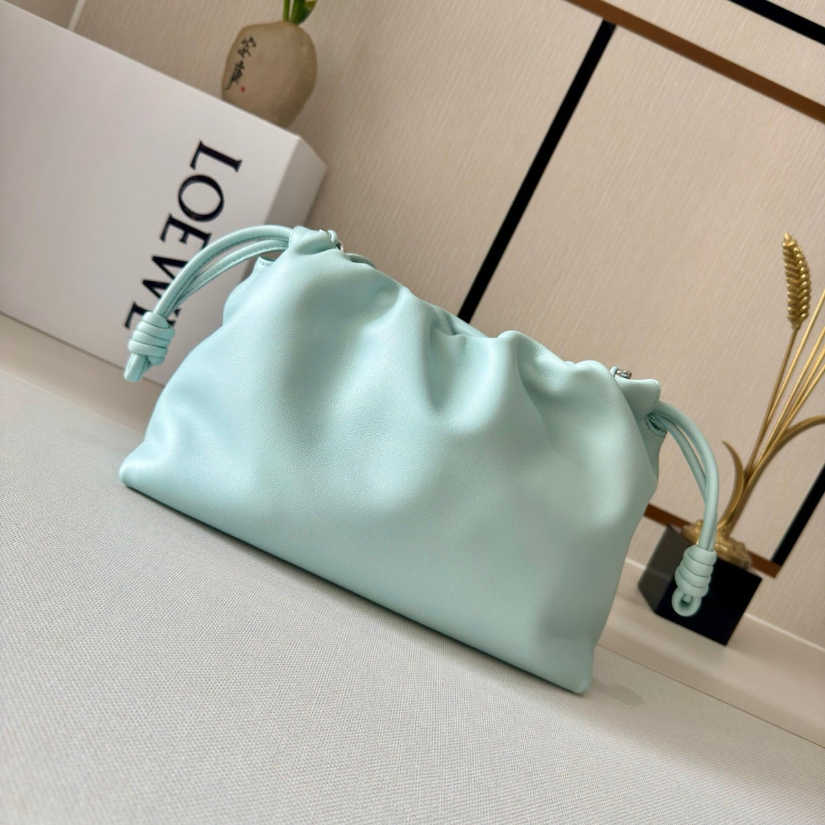 LOEWE 25S FLAMENCO PURSE 30 IN PALE AQUA NAPPA LEATHER SILVER HARDWARE