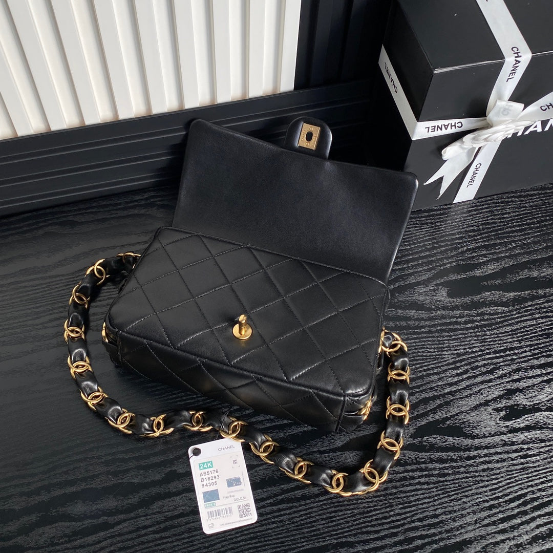 CHANEL MEDIUM FLAP BAG 26 IN BLACK CALFSKIN GOLD DOUBLE C THICK CHAIN
