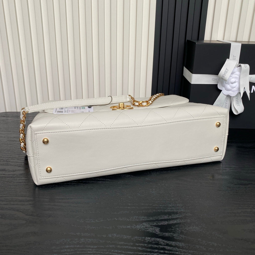 CHANEL 25S TOP HANDLE SHOULDER BAG 37 IN CREAM WHITE CALFSKIN WITH GOLD HARDWARE