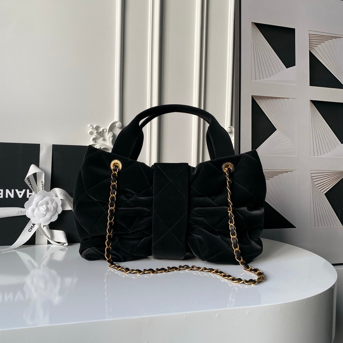 CHANEL 25S BOW BAG 38 IN BLACK VELVET WITH GOLD HARDWARE