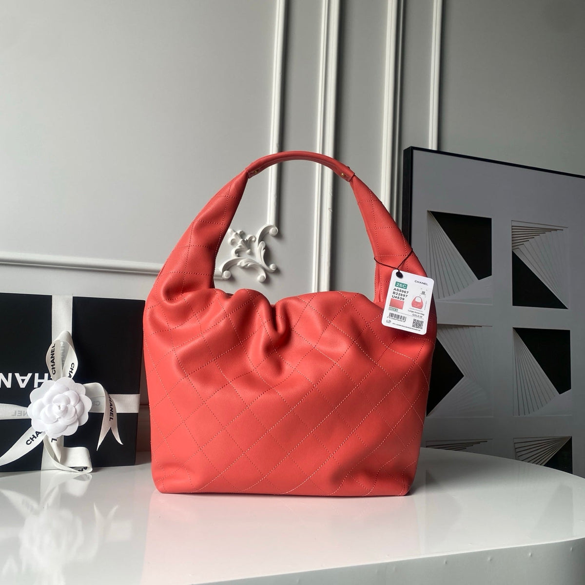 CHANEL 25S HOBO BAG 45 IN CORAL RED LAMBSKIN