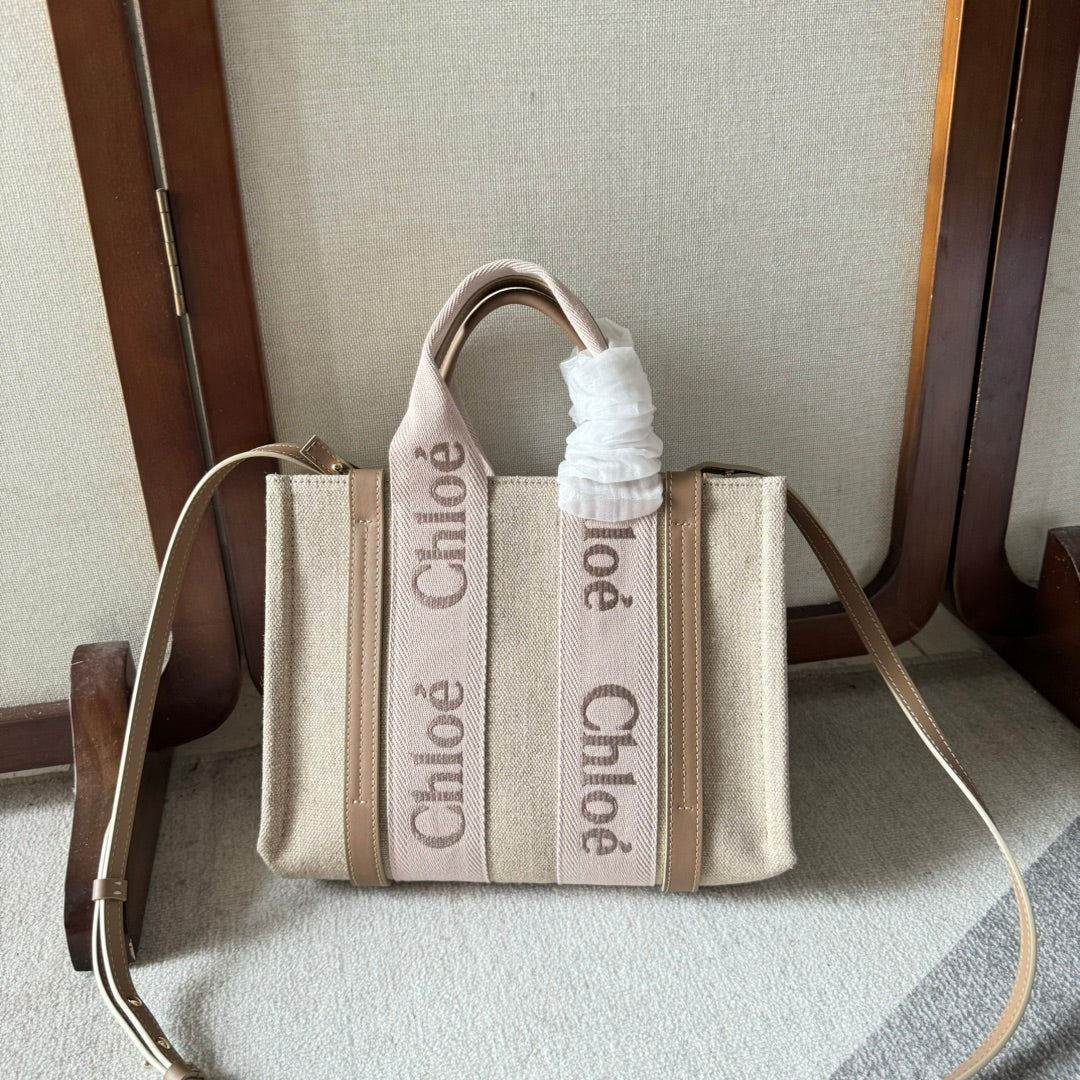 SMALL WOODY TOTE BAG 26.5 IN BEIGE LINEN CANVAS LIGHT PINK WEBBING LOGO EMBROIDERY