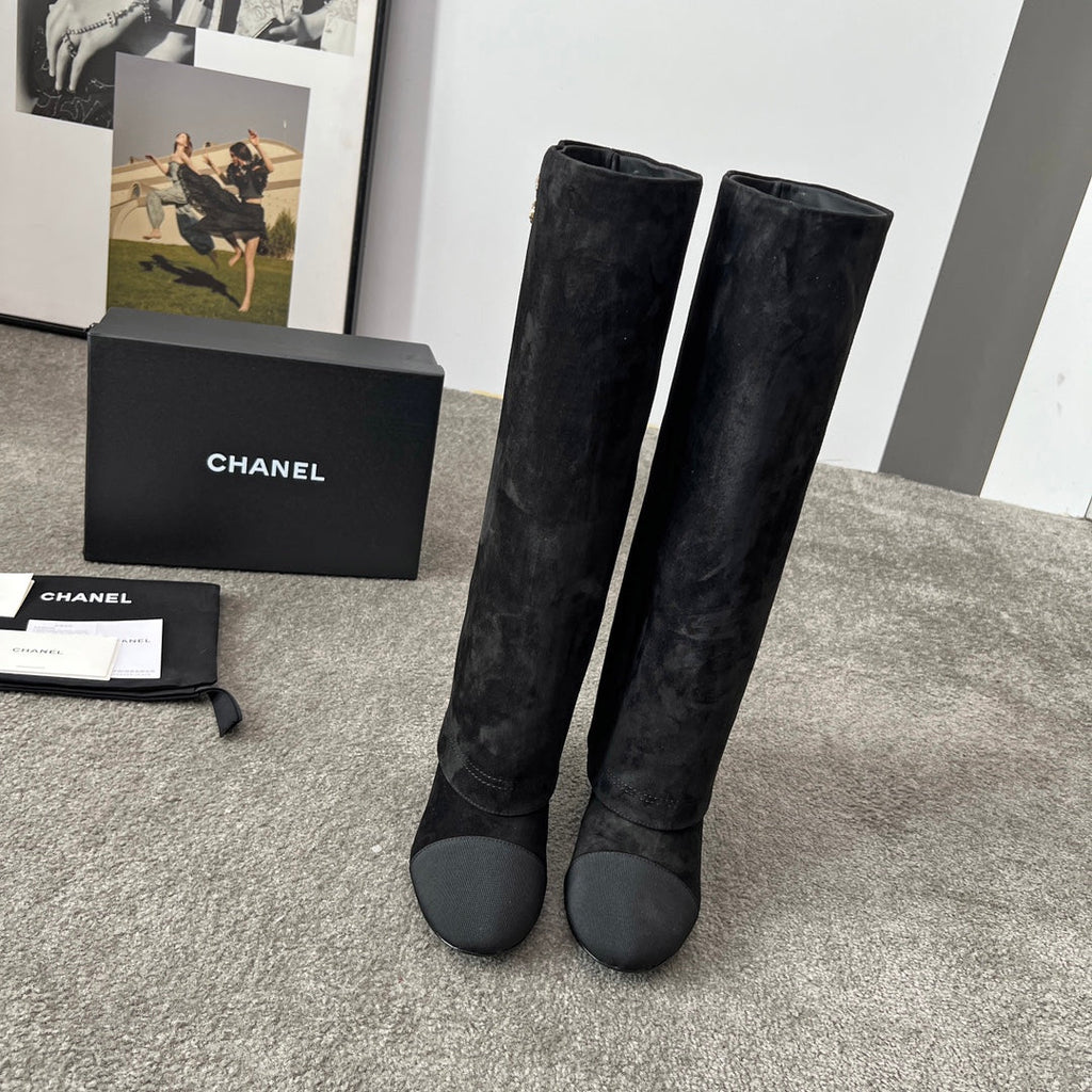 CHANEL 25S HIGH BOOTS 55MM IN BLACK SUEDE AND CANVAS GOLD HARDWRE