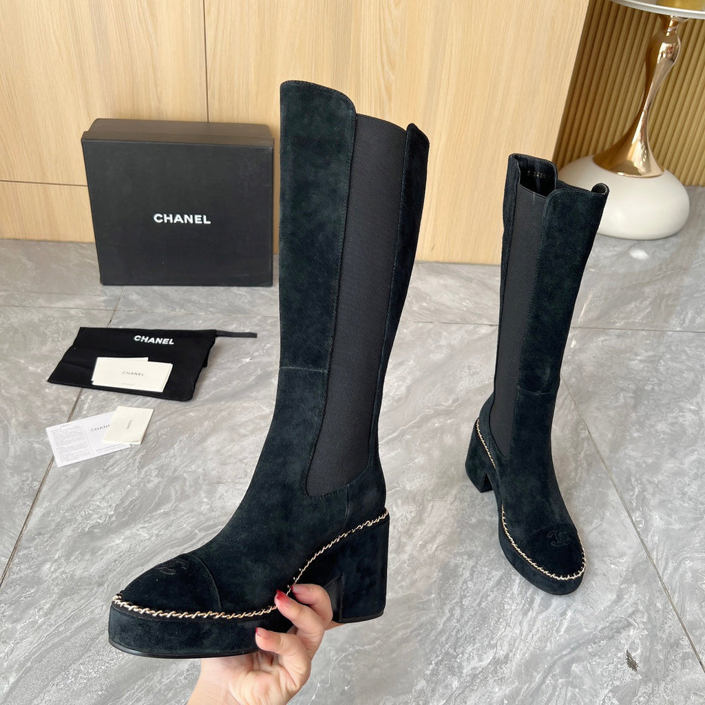 CHANEL 25S HIGH BOOTS STRETCHY SHAFT 85MM IN BLACK SUEDE GOLD HARDWRE