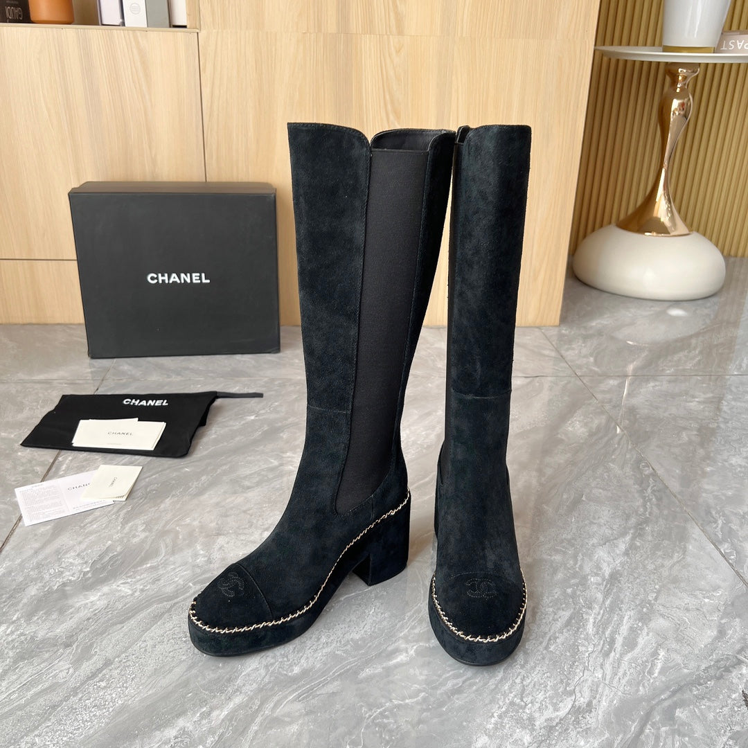 CHANEL 25S HIGH BOOTS STRETCHY SHAFT 85MM IN BLACK SUEDE GOLD HARDWRE