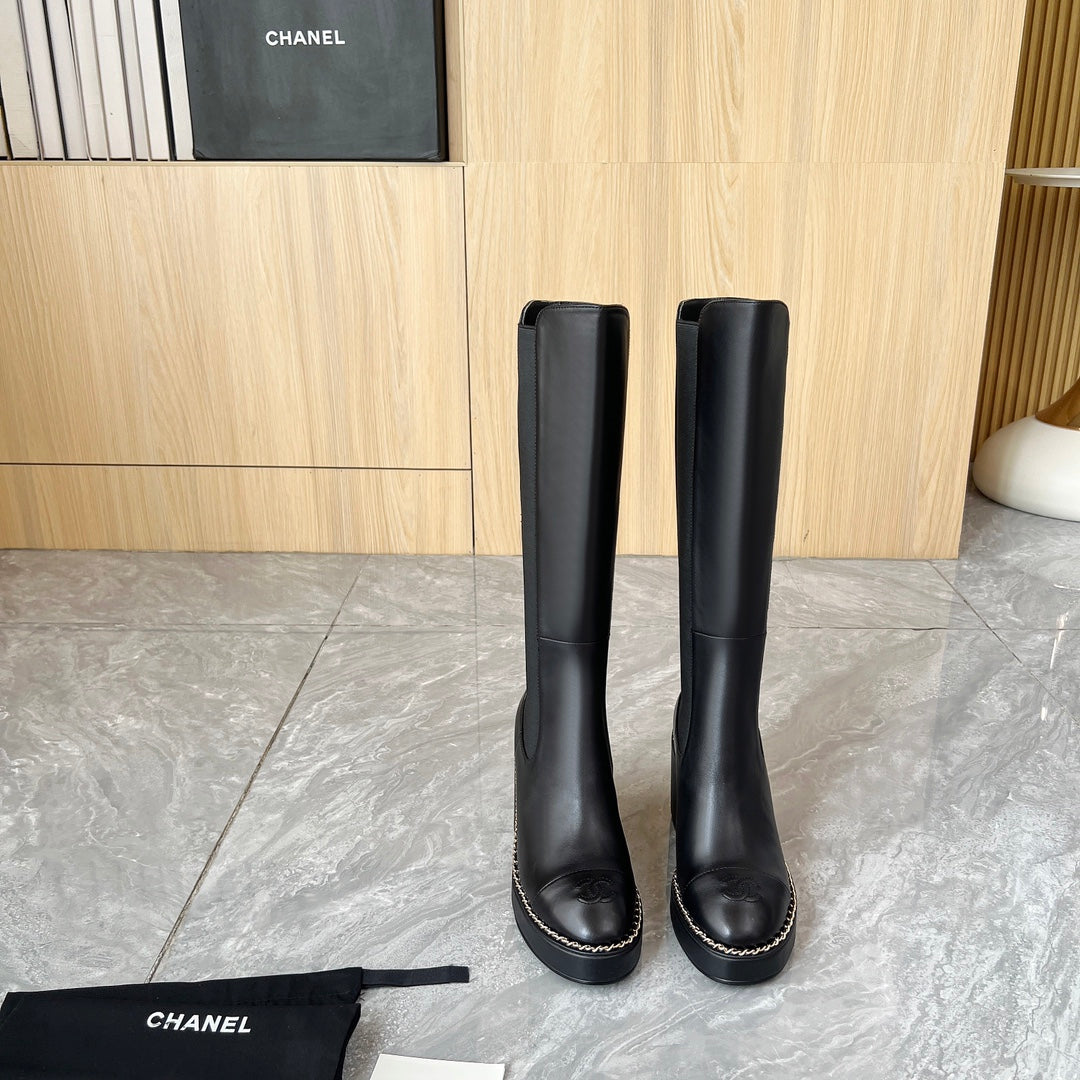 CHANEL 25S HIGH BOOTS STRETCHY SHAFT 85MM IN BLACK CALFSKIN GOLD HARDWRE