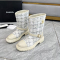 CHANEL 25S MID-CALF BOOTS 45MM IN BEIGE CALFSKIN AND WHITE TWEED GOLD HARDWARE