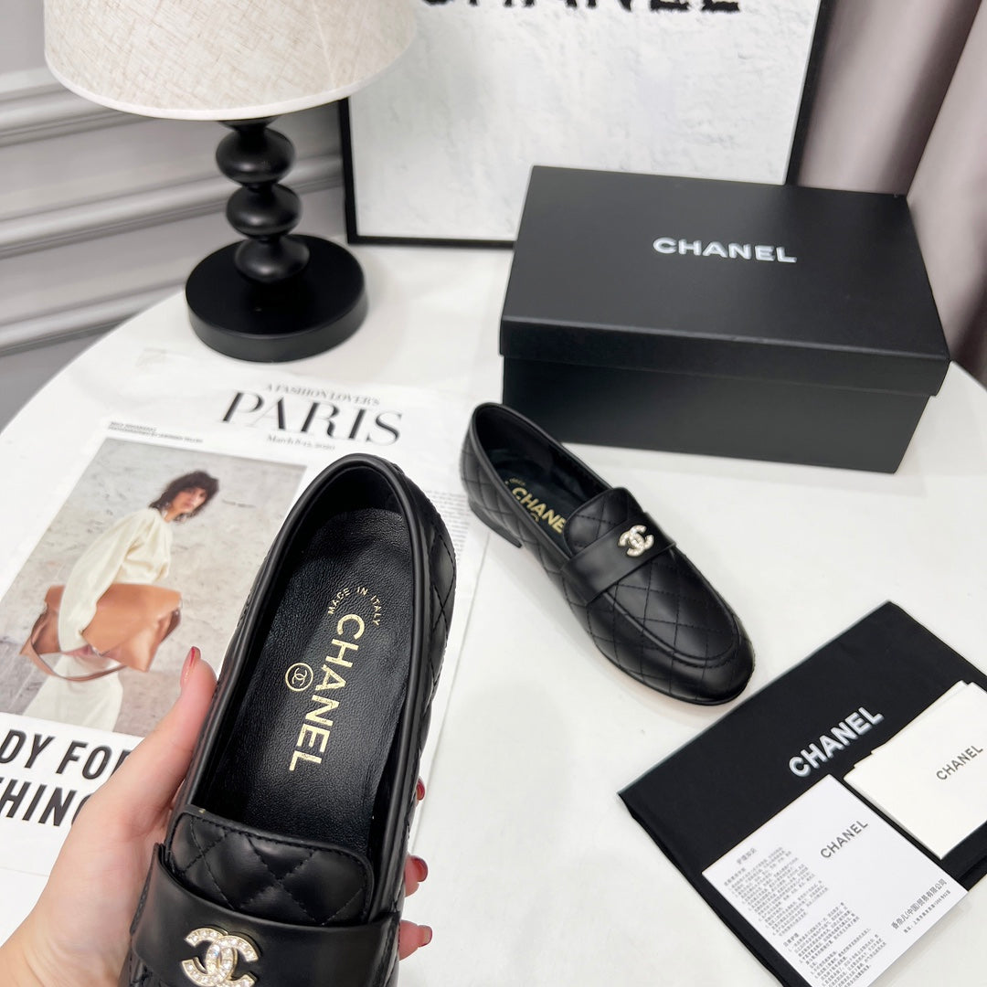CHANEL 25S LOAFER DANCE SHOES IN BLACK CALFSKIN GOLD HARDWRE