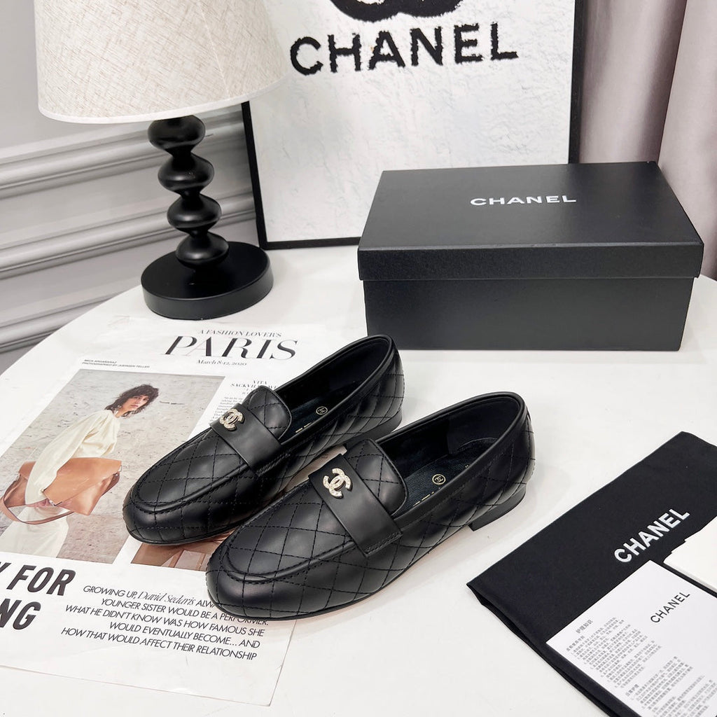 CHANEL 25S LOAFER DANCE SHOES IN BLACK CALFSKIN GOLD HARDWRE