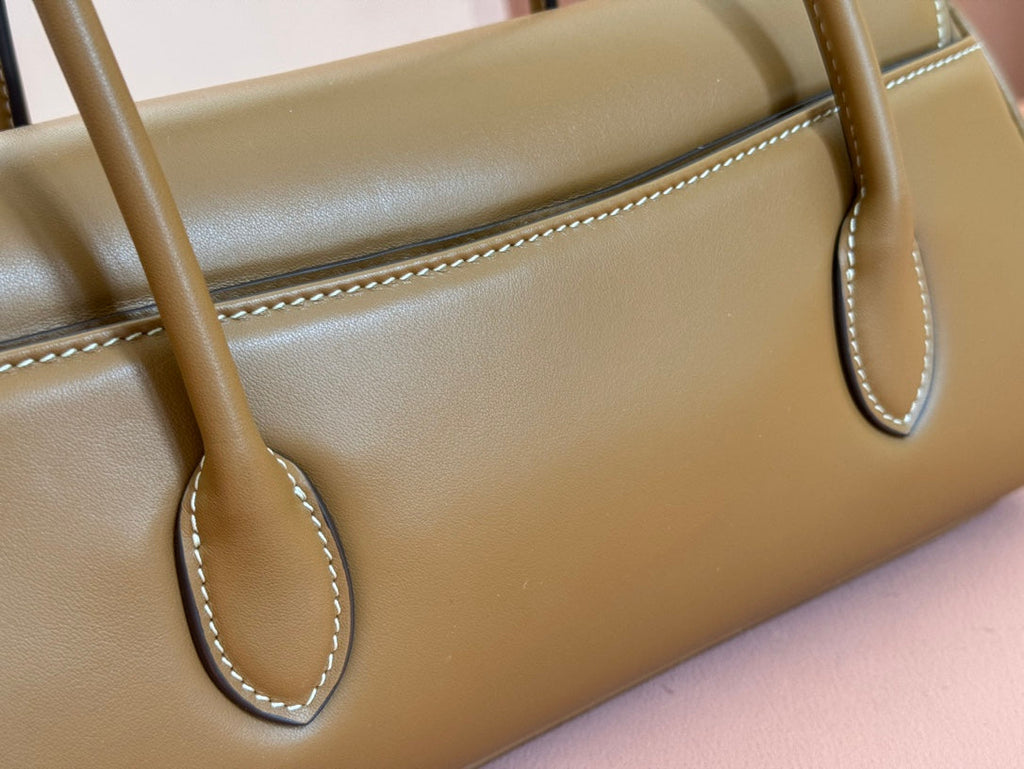BEAU TOP HANDLE BAG 28 IN CHOCOLATE BROWN GLOSSY CALFSKIN GOLD HARDWARE