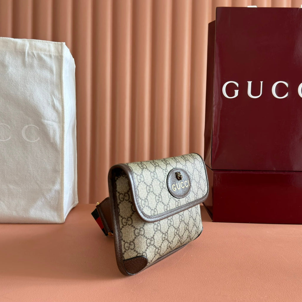 GUCCI NEO VINTAGE TIGER HEAD CROSSBODY BAG 20 IN CANVAS BROWN LEATHER TRIM