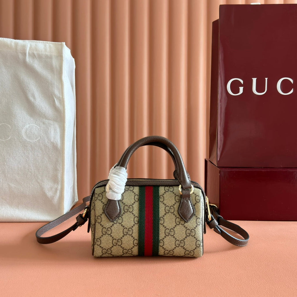 GUCCI 25S OPHIDIA MINI BOSTON BAG 16 IN BEIGE CANVAS AND BROWN CALFSKIN
