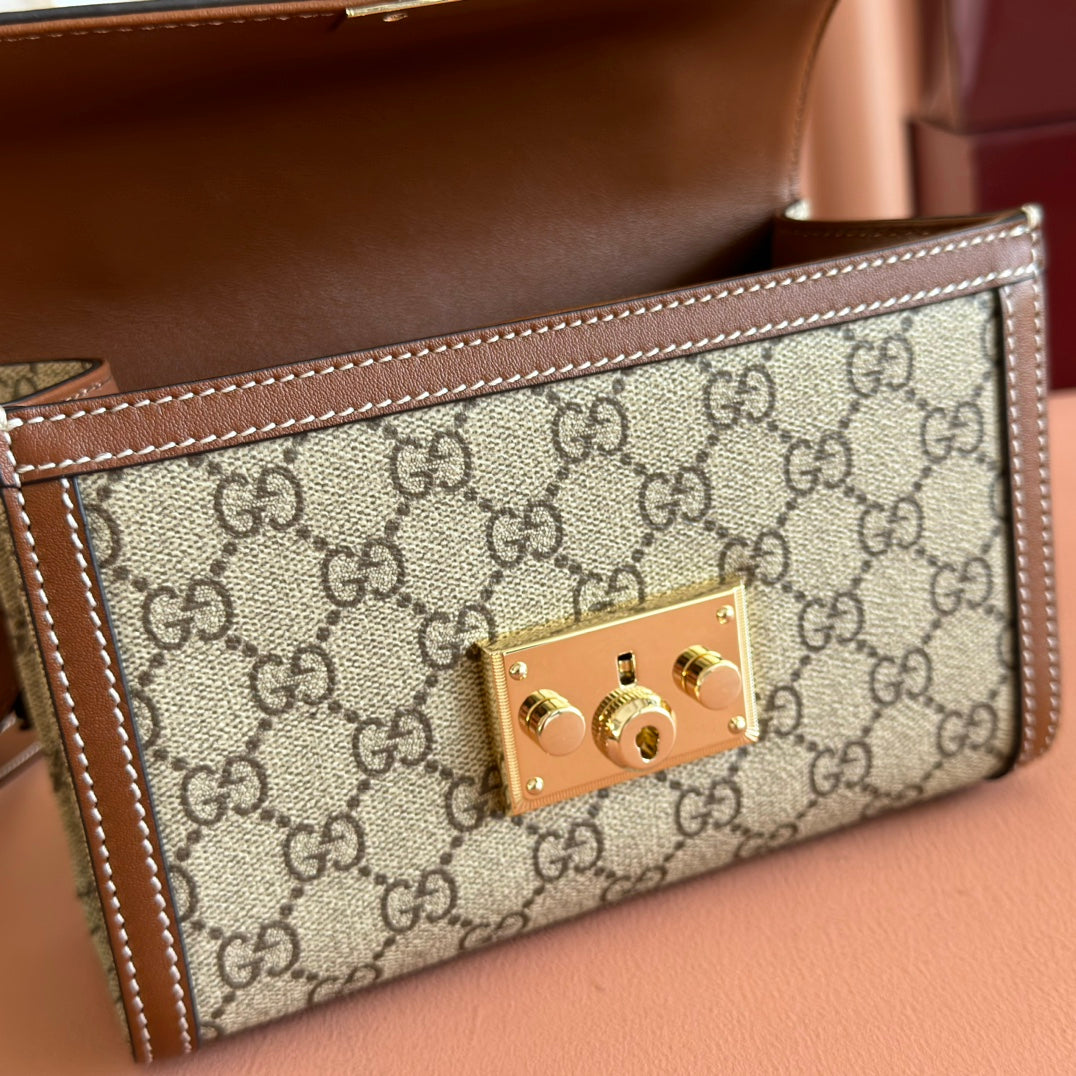 GUCCI 25S PADLOCK BAG 20 IN BEIGE CANVAS AND BROWN CALFSKIN