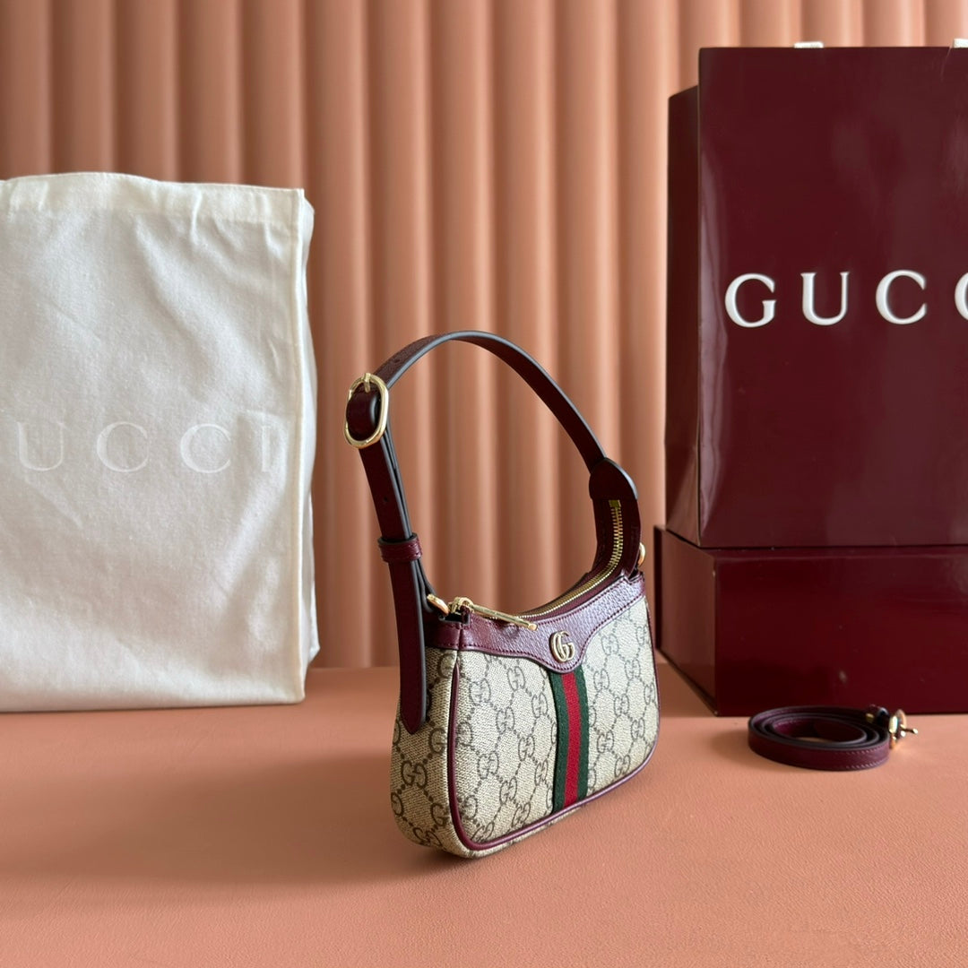 GUCCI 26S OPHIDIA BAG 20 IN DARK BEIGE AND RED CALFSKIN