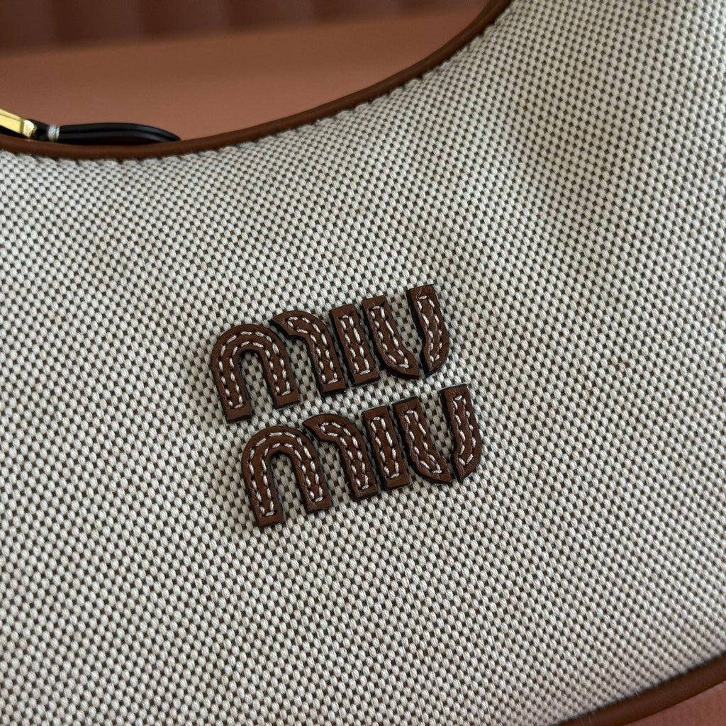 MIUMIU 25S WANDER BAG 20 IN BEIGE CANVAS AND BROWN CALFSKIN