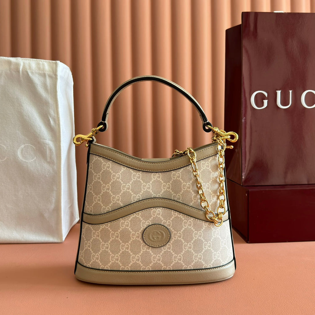 GUCCI 26S SHOULDER BAG 25 IN BEIGE COATED CANVAS