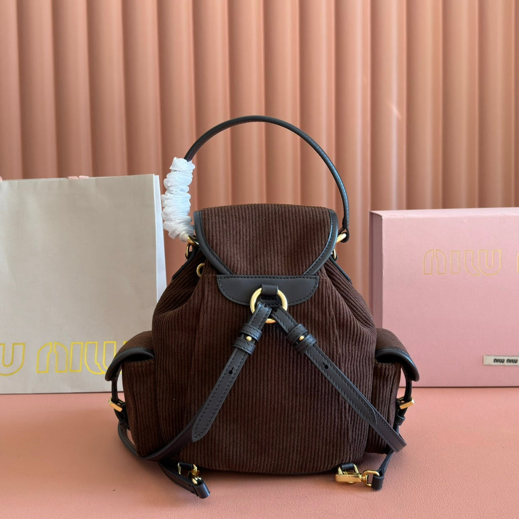 MIUMIU 26S BACKPACK 22 IN CHOCOLATE BROWN CANVAS BLACK CALFSKIN