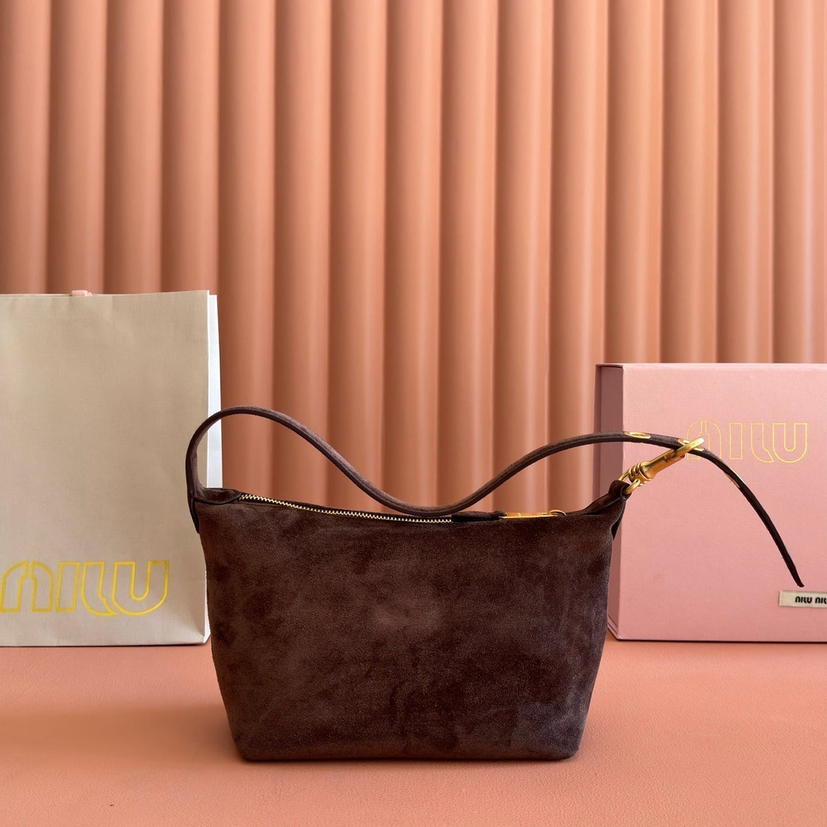 MIUMIU 26S CORDUROY POUCH BAG 25 IN CHOCOLATE BROWN SUEDE GOLD HARDWARE