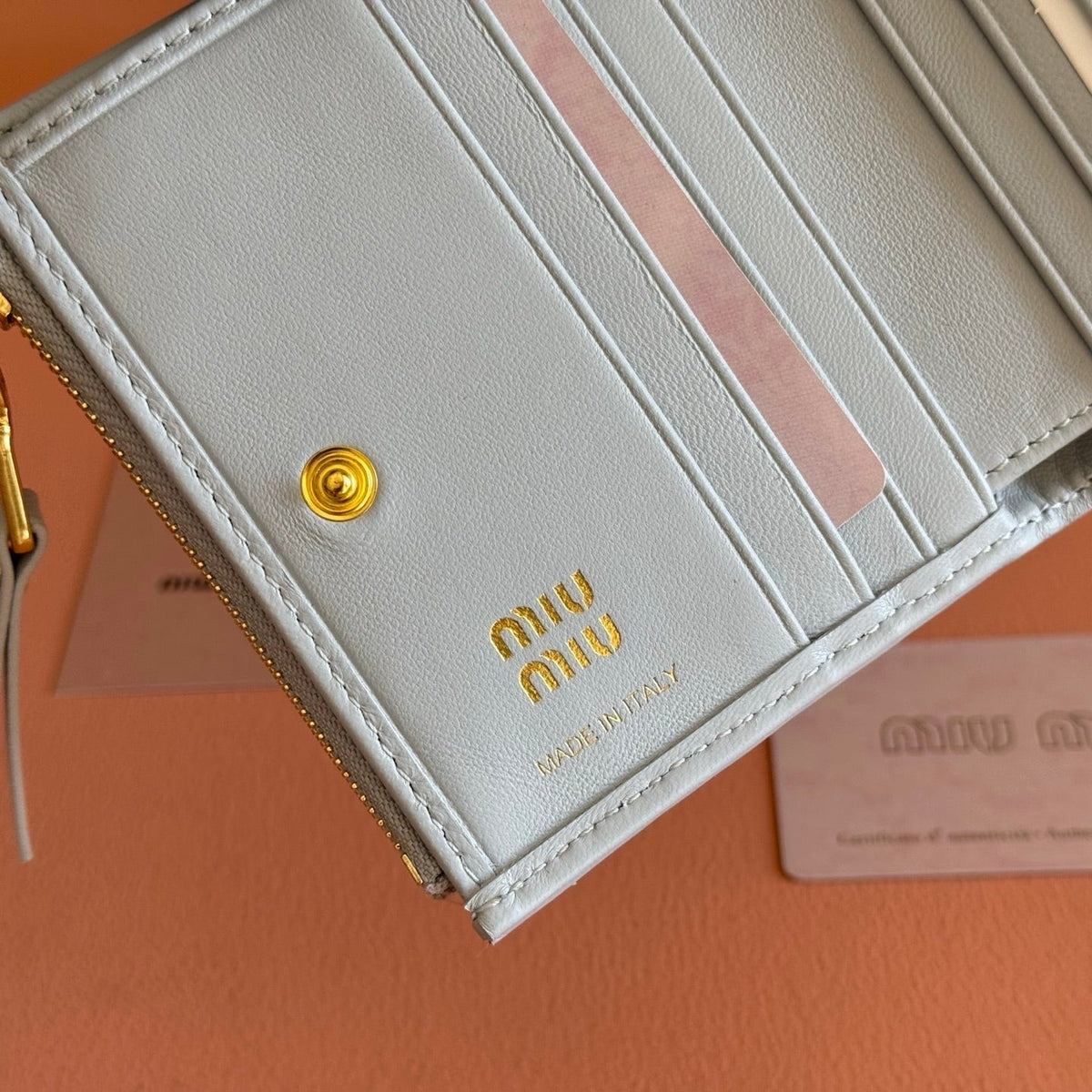 MIUMIU 26S SMALL MATELASSE CARD HOLDER 11 IN BLUE GRAY CALFSKIN GOLD HARDWARE