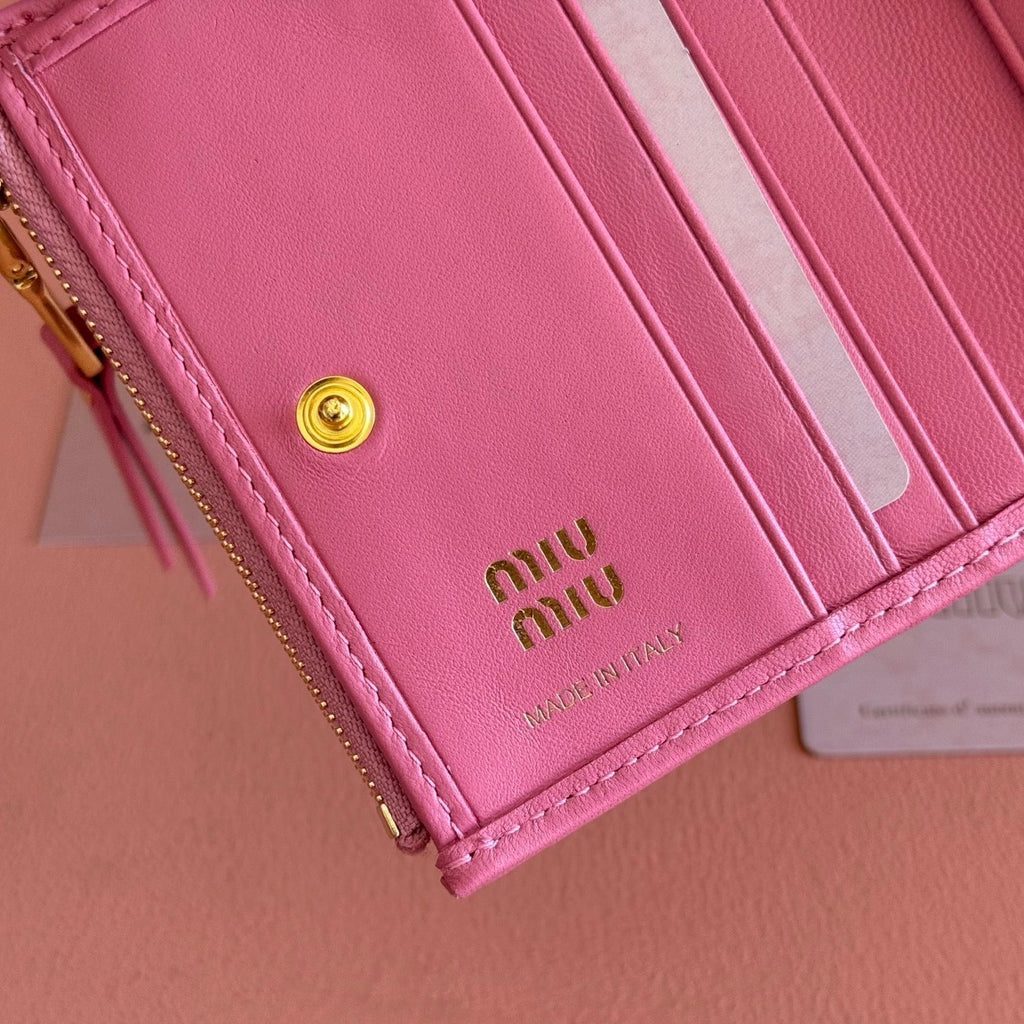 MIUMIU 26S SMALL MATELASSE CARD HOLDER 11 IN PINK CALFSKIN GOLD HARDWARE