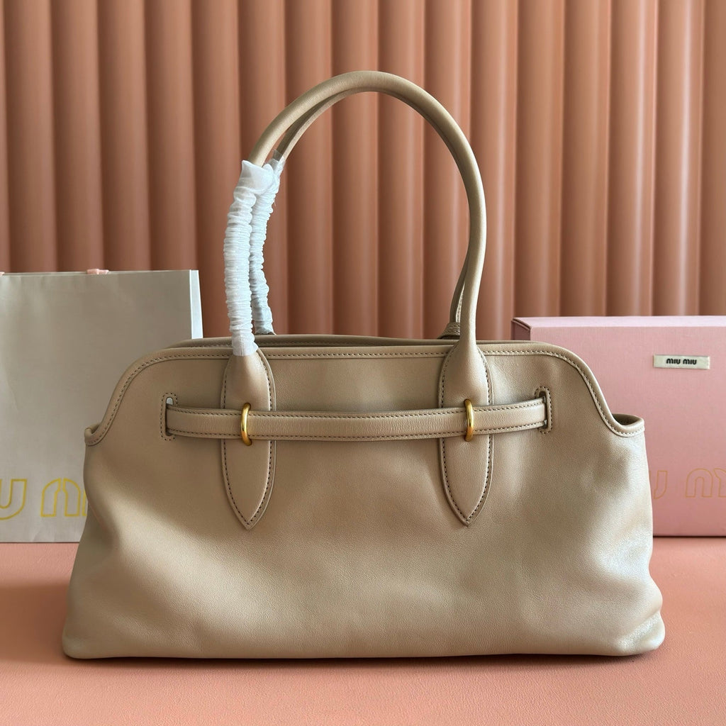MIUMIU 26S BORSA AVENTURE BAG 44 IN DARK BEIGE LAMBSKIN GOLD HARDWARE