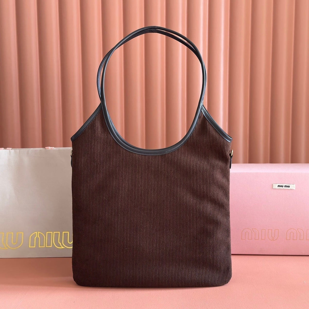 MIUMIU 26S IVY 40 TOTE IN IN CHOCOLATE BROWN CANVAS AND BLACK CALFSKIN