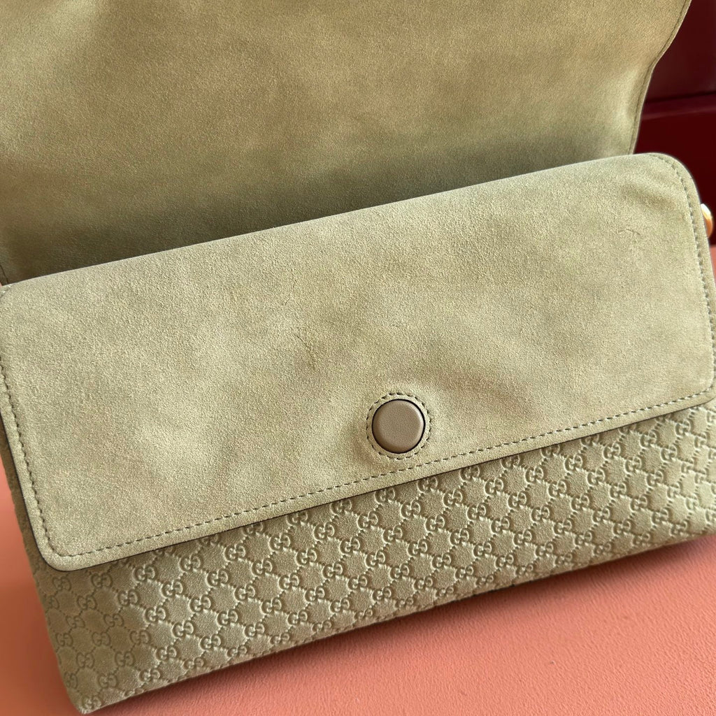 GUCCI 26S SHOULDER BAG 28 IN SAGE GREEN EMBOSSED SUEDE