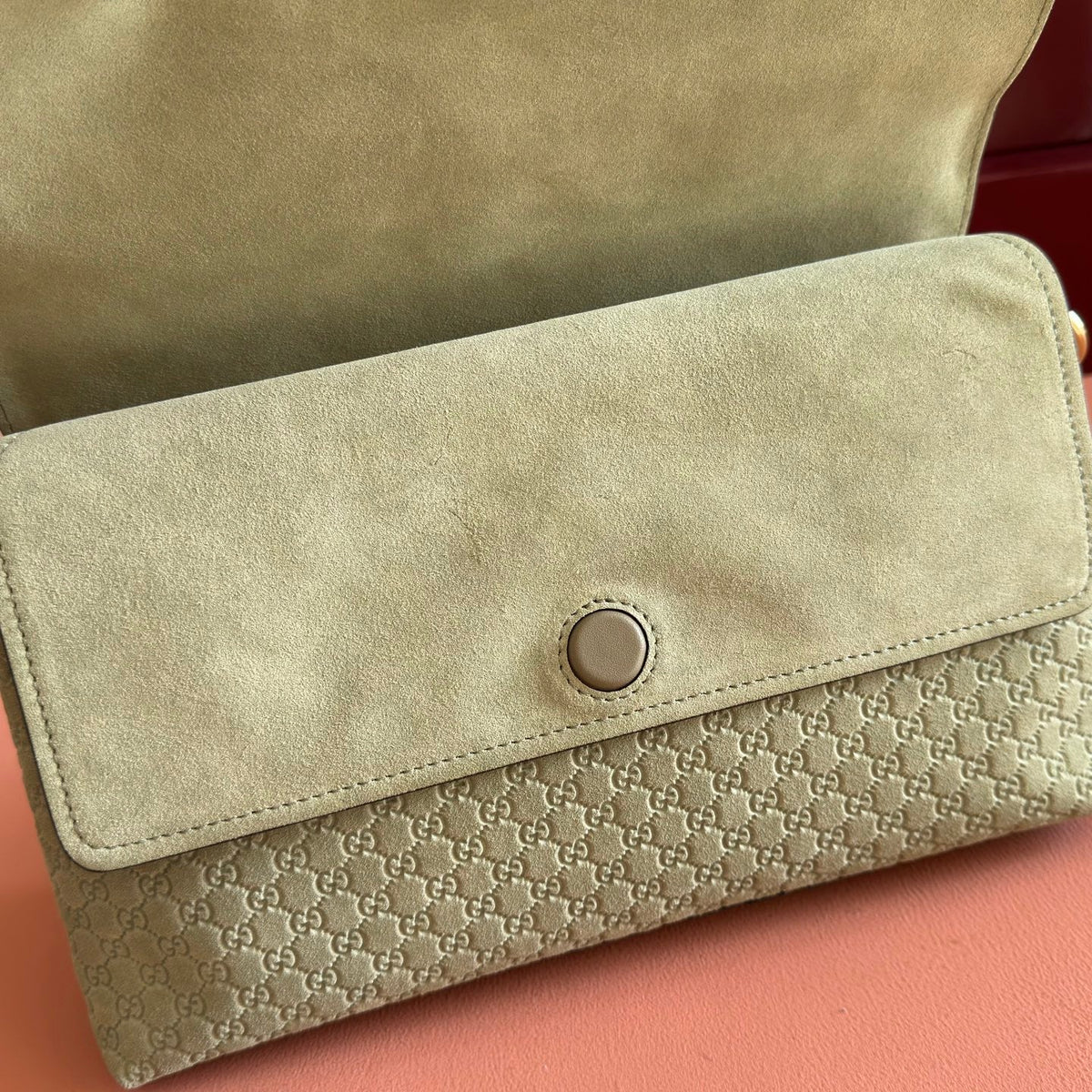 GUCCI 26S SHOULDER BAG 28 IN SAGE GREEN EMBOSSED SUEDE