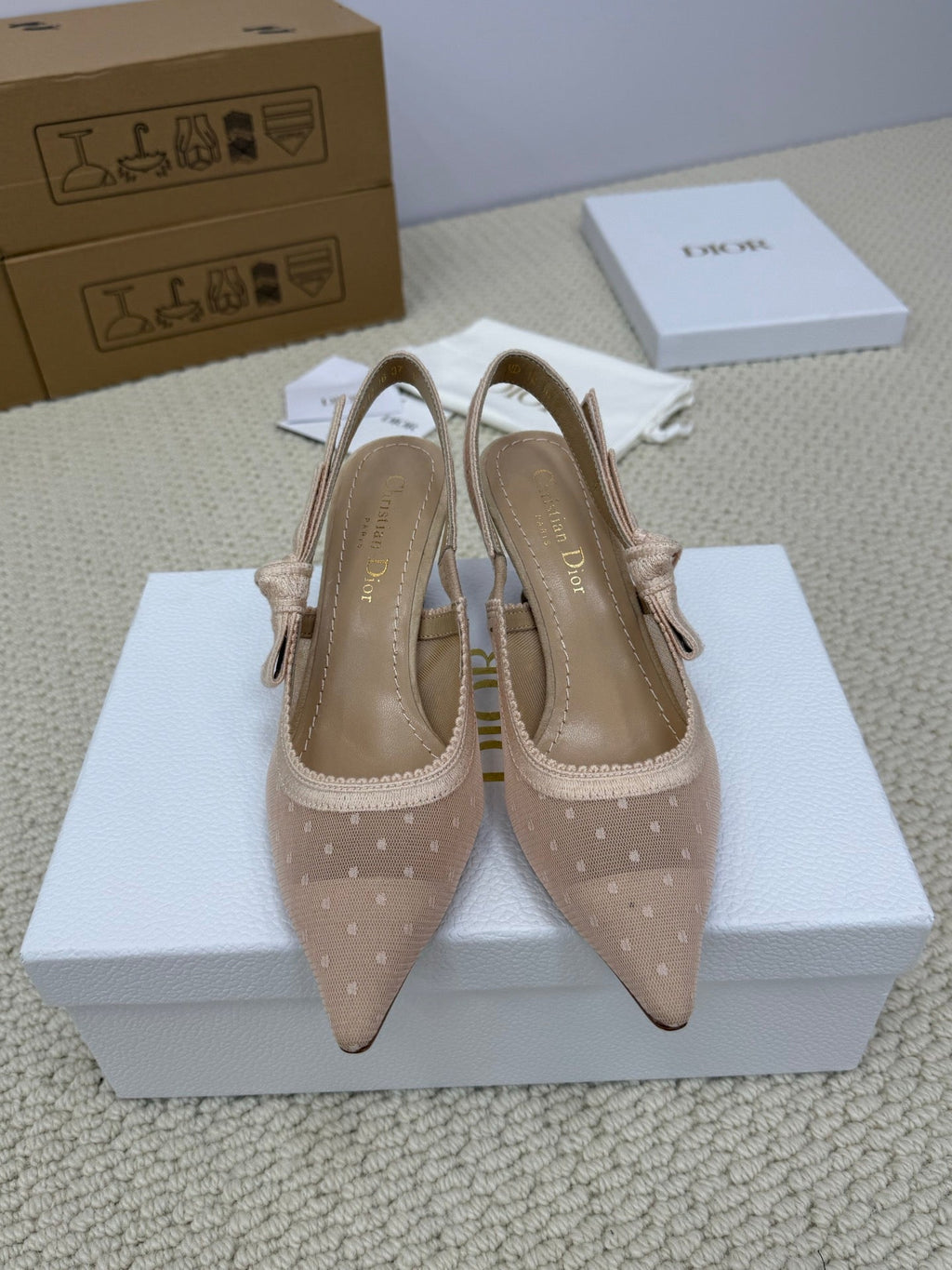 DIOR HIGH SLINGBACK 65 MM 25S IN NUDE LACE NET FABRIC AND SUEDE