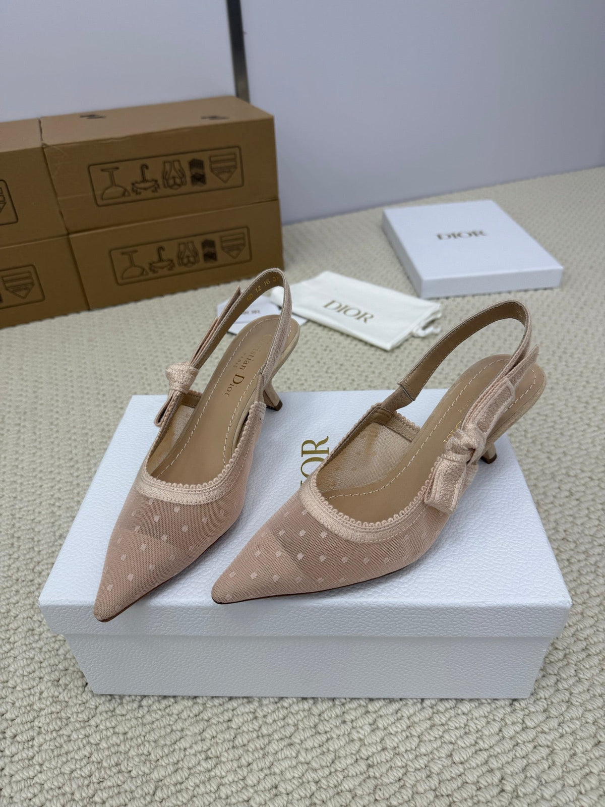DIOR HIGH SLINGBACK 65 MM 25S IN NUDE LACE NET FABRIC AND SUEDE