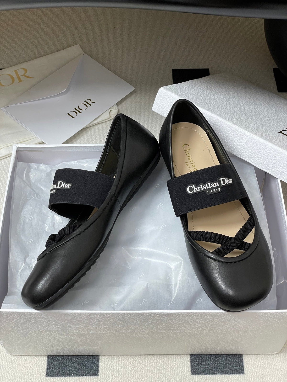 DIOR STRETCH BALLET FLATS 25S IN BLACK LAMBSKIN