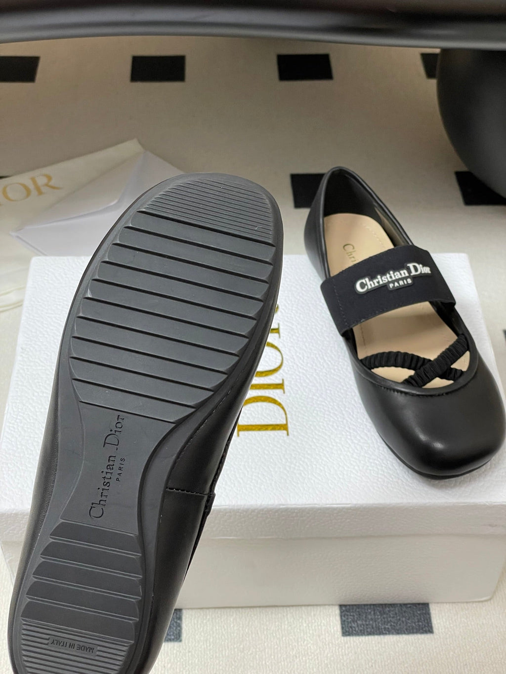 DIOR STRETCH BALLET FLATS 25S IN BLACK LAMBSKIN