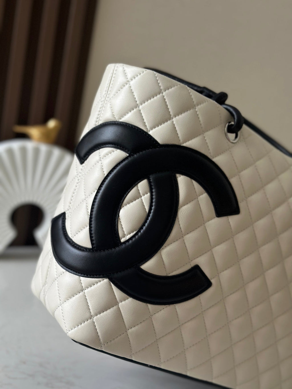 CHANEL 25S CAMBON LIGNE TOTE BAG 30 IN WHITE MIX BLACK CALFSKIN