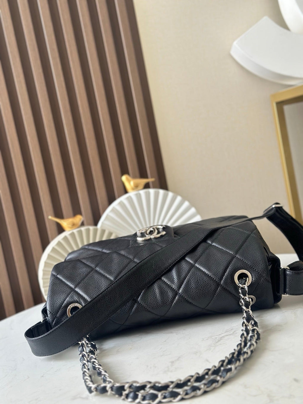 CHANEL 25S SHOULDER BAG 34 IN BLACK CAVIAR WITH SILVER HARDWARE