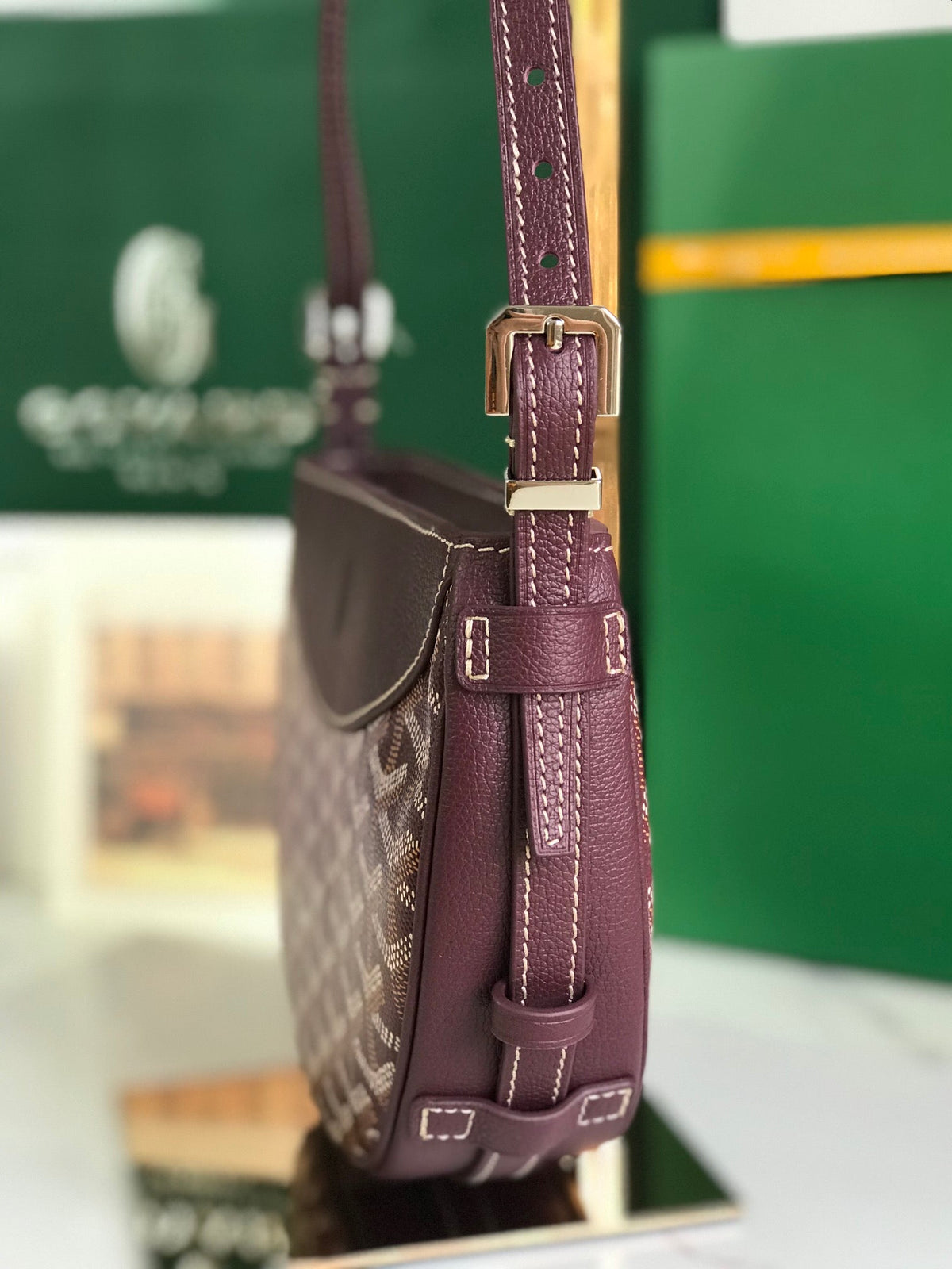 HIRONDELLE BAG 25 IN WINE RED LAMBSKIN AND GOYARDINE CANVAS