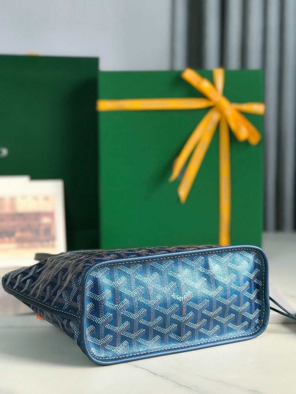 ANJOU MINI BAG 20 IN NAVY BLUE  CALFSKIN AND GOYARDINE CANVAS