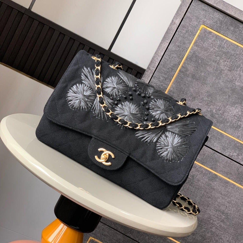 CHANEL 25S CLASSIC FLAP 26 CM IN GUNMETAL BLACK CANVAS EMBROIDERED MOTIF WITH GOLD HARDWARE