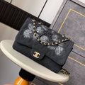 CHANEL 25S CLASSIC FLAP 26 CM IN GUNMETAL BLACK CANVAS EMBROIDERED MOTIF WITH GOLD HARDWARE