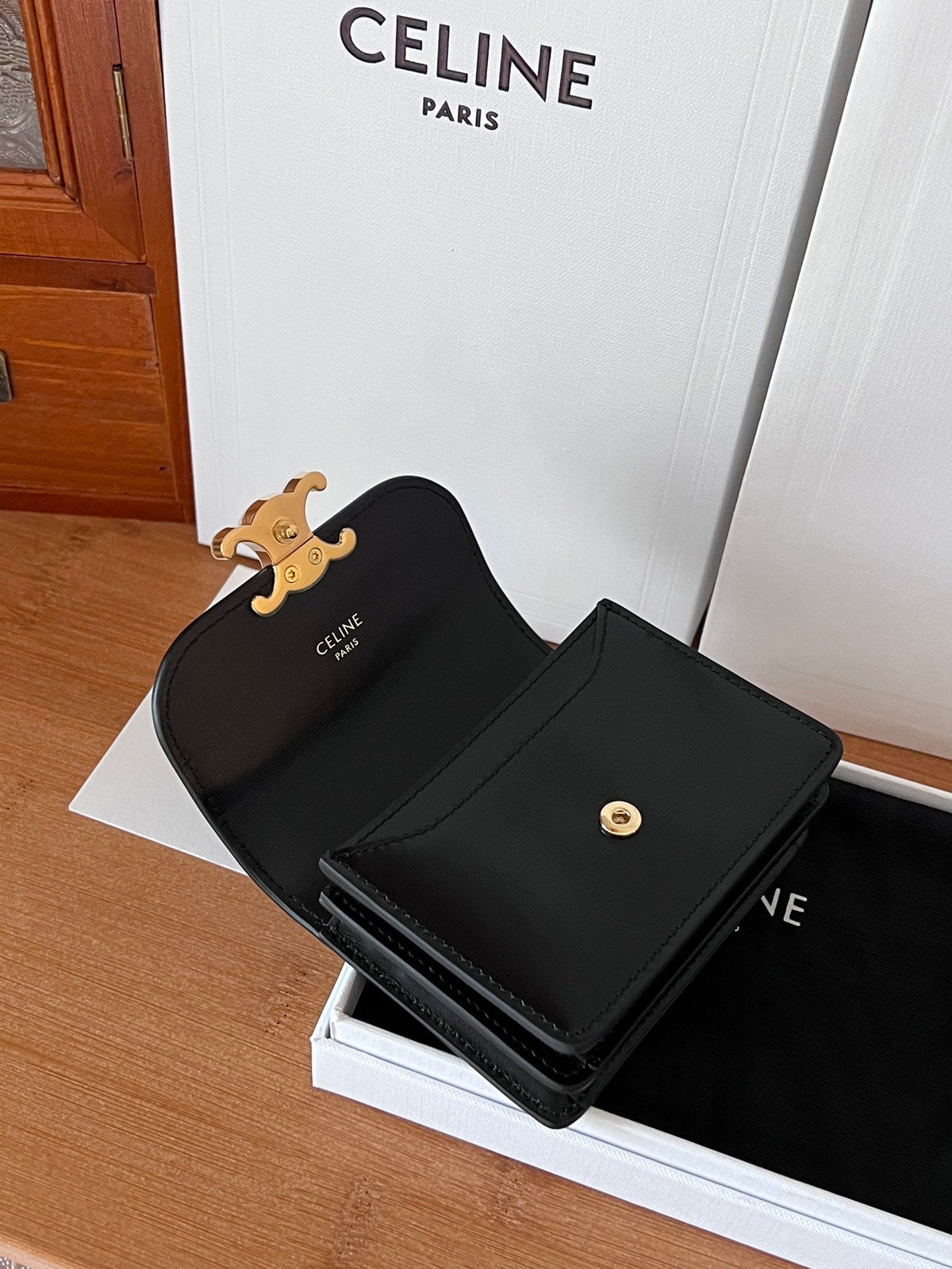 CELINE 25S BUSINESS CARD HOLDER 10 IN BLACK TRIOPMHE CANVAS AND CALFSKIN