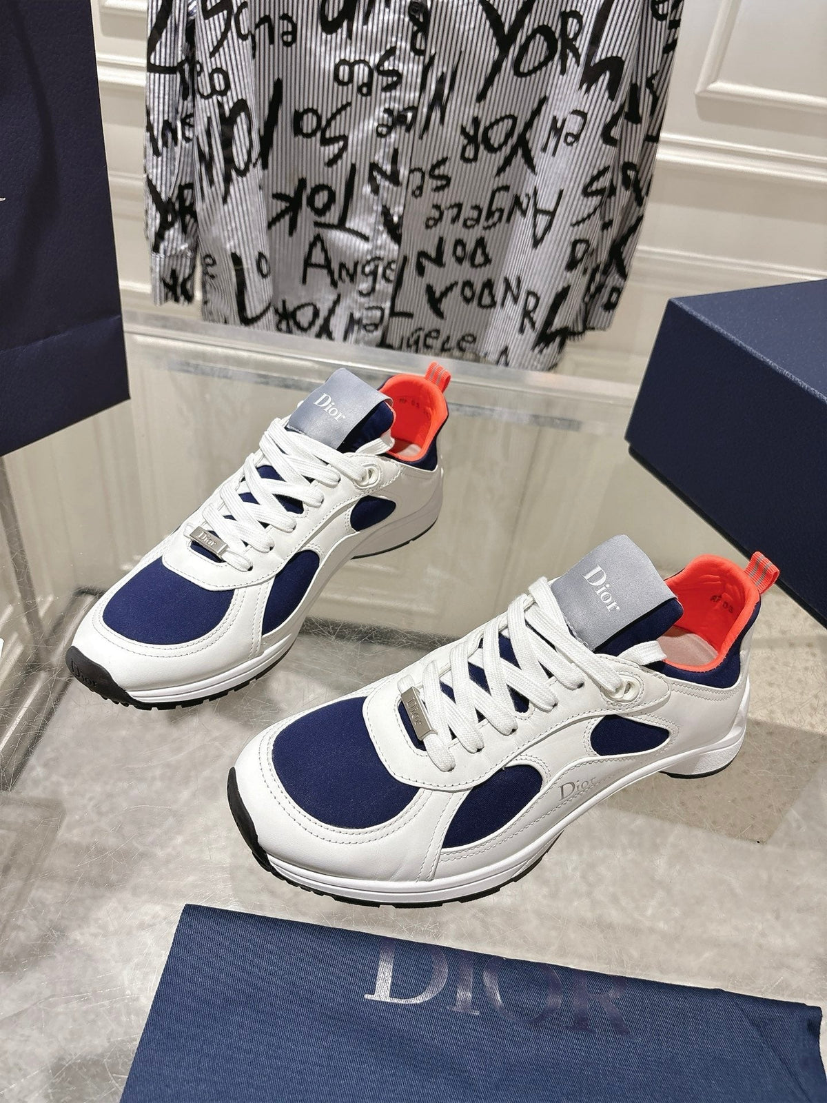 DIOR 25S MILE SERIES SNEAKERS 25MM IN WHITE BLUE CALFSKIN