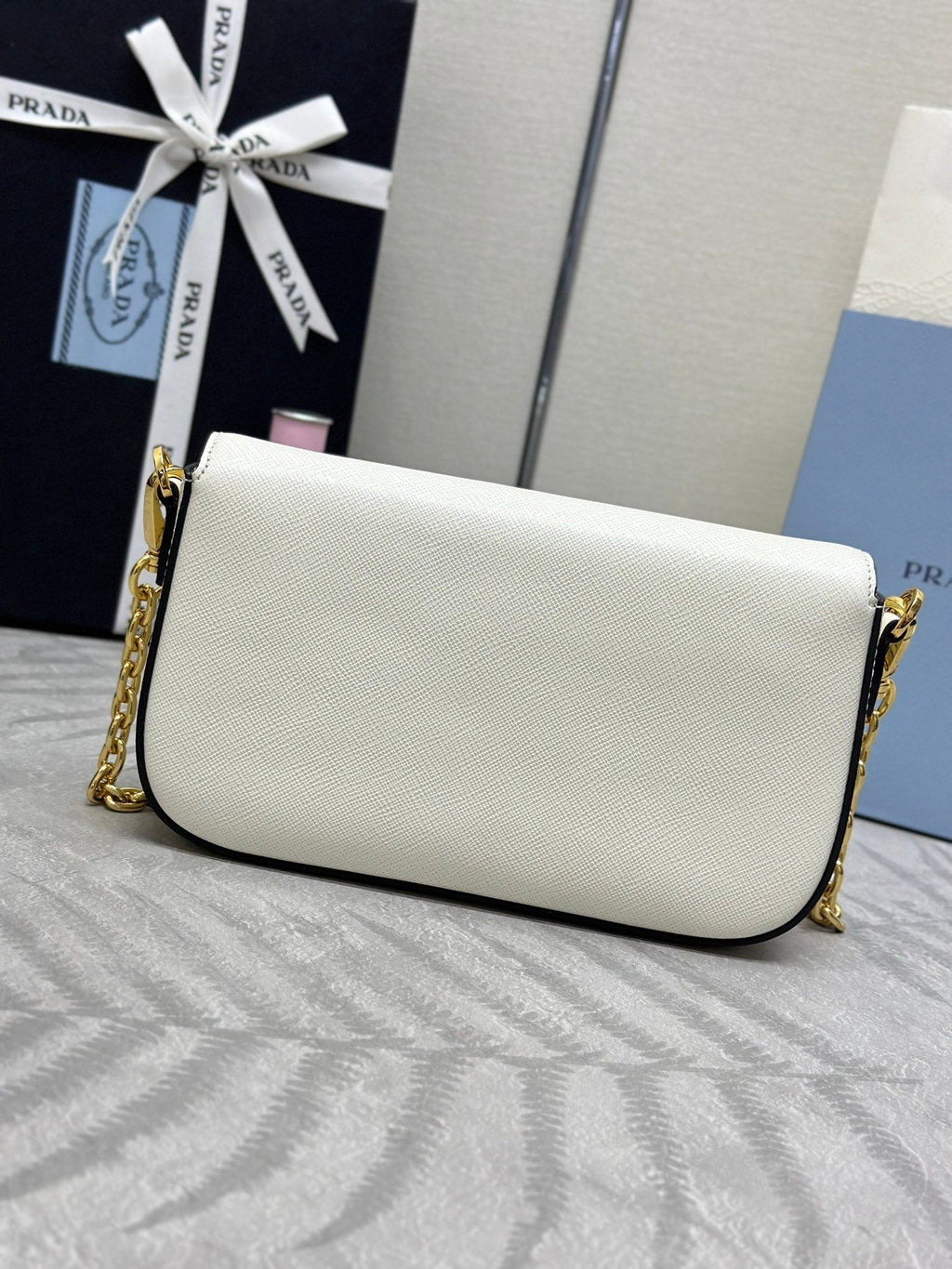 PRADA 25S MINI FLAP BAG 20 IN WHITE SAFFIANO CALFSKIN GOLD HARDWARE